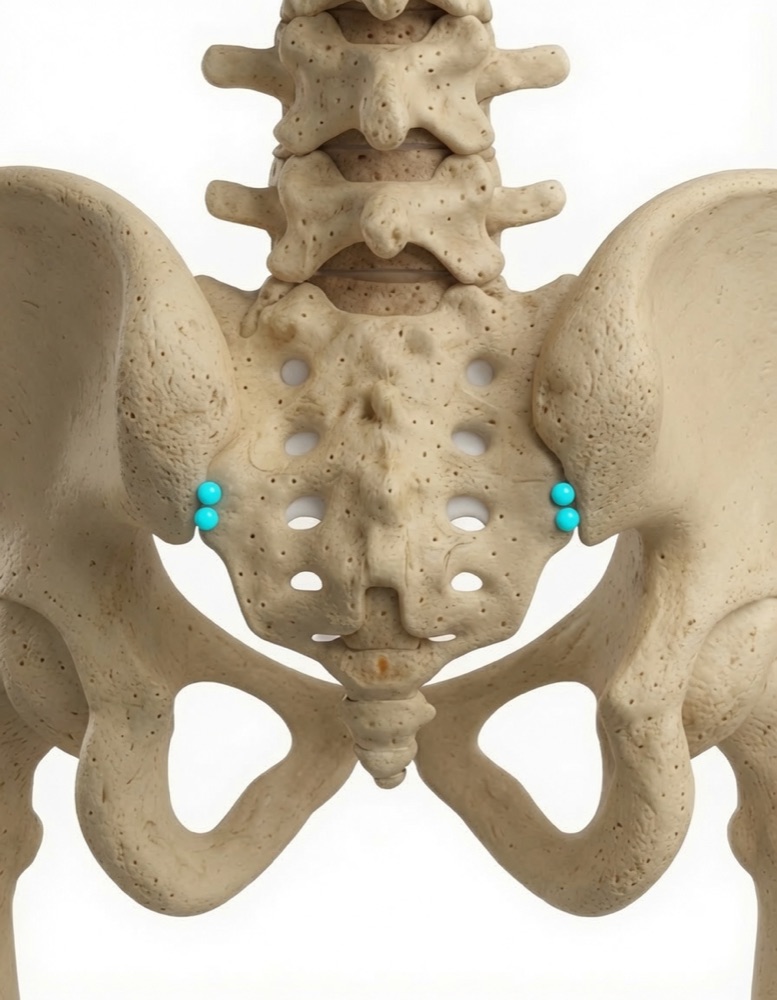Anatomical rendering of the sacroiliac joints with implant placement markers